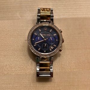 Michael Kors Blue Face Watch, Silver and Gold